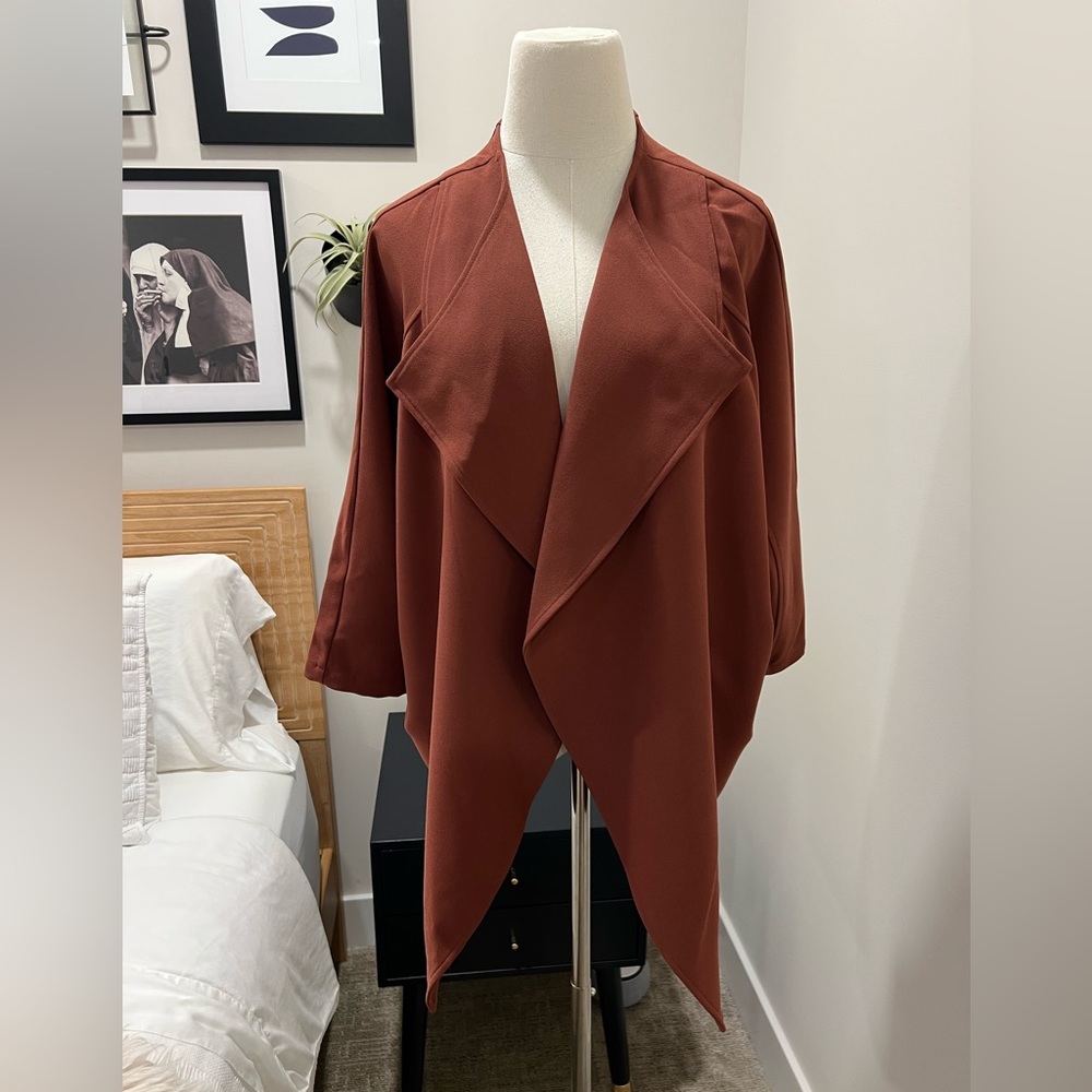 Lemon Tart Women’s Draped, Open Front 3/4 Sleeve Blazer, Burgundy, MEDIUM